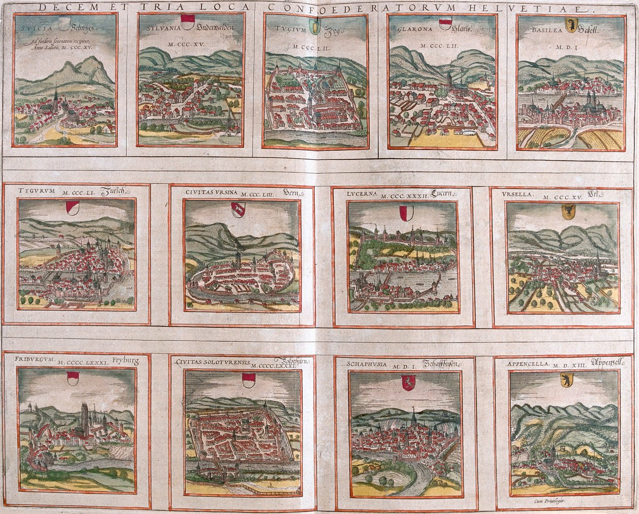 Schwyz, Unterwalden, Zug, Glarus, Bazylea, Zurych, Berno, Lucerna, kanton Uri, Fryburg, Schaffhausen, Appenzell, Szwajcaria autorstwa Georg and Hogenberg Franz (1535-90) Braun