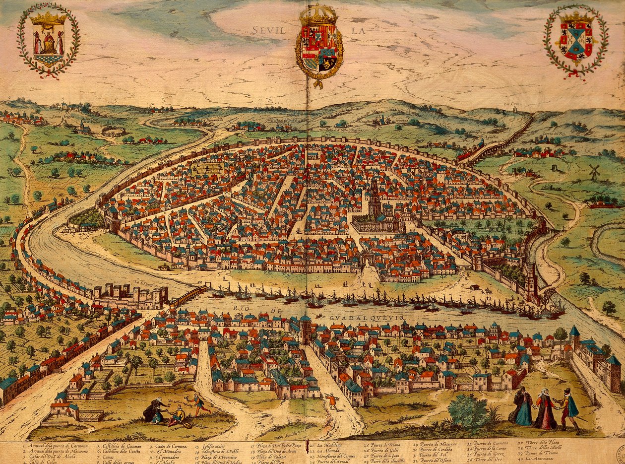 Hiszpania, Sewilla, Widok miasta, kolororyt z Civitates Orbis Terrarum autorstwa Georga Brauna (1541-1622) i Franza Hogenberga (1535-1590) autorstwa Georg Braun and Hogenberg Franz
