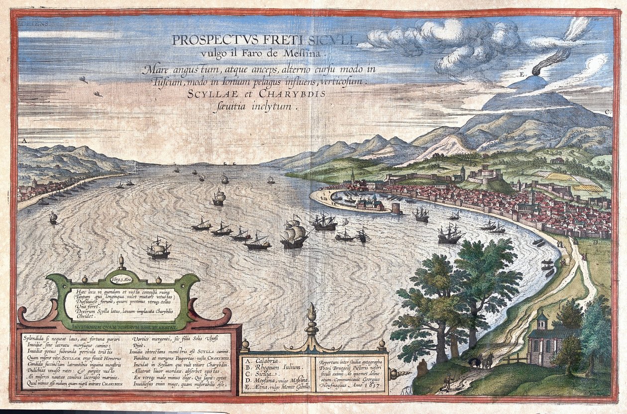 Detroit w Mesynie, między Sycylią a Kalabrią (Włochy) (rycina autorstwa Georg Braun and Hogenberg Franz