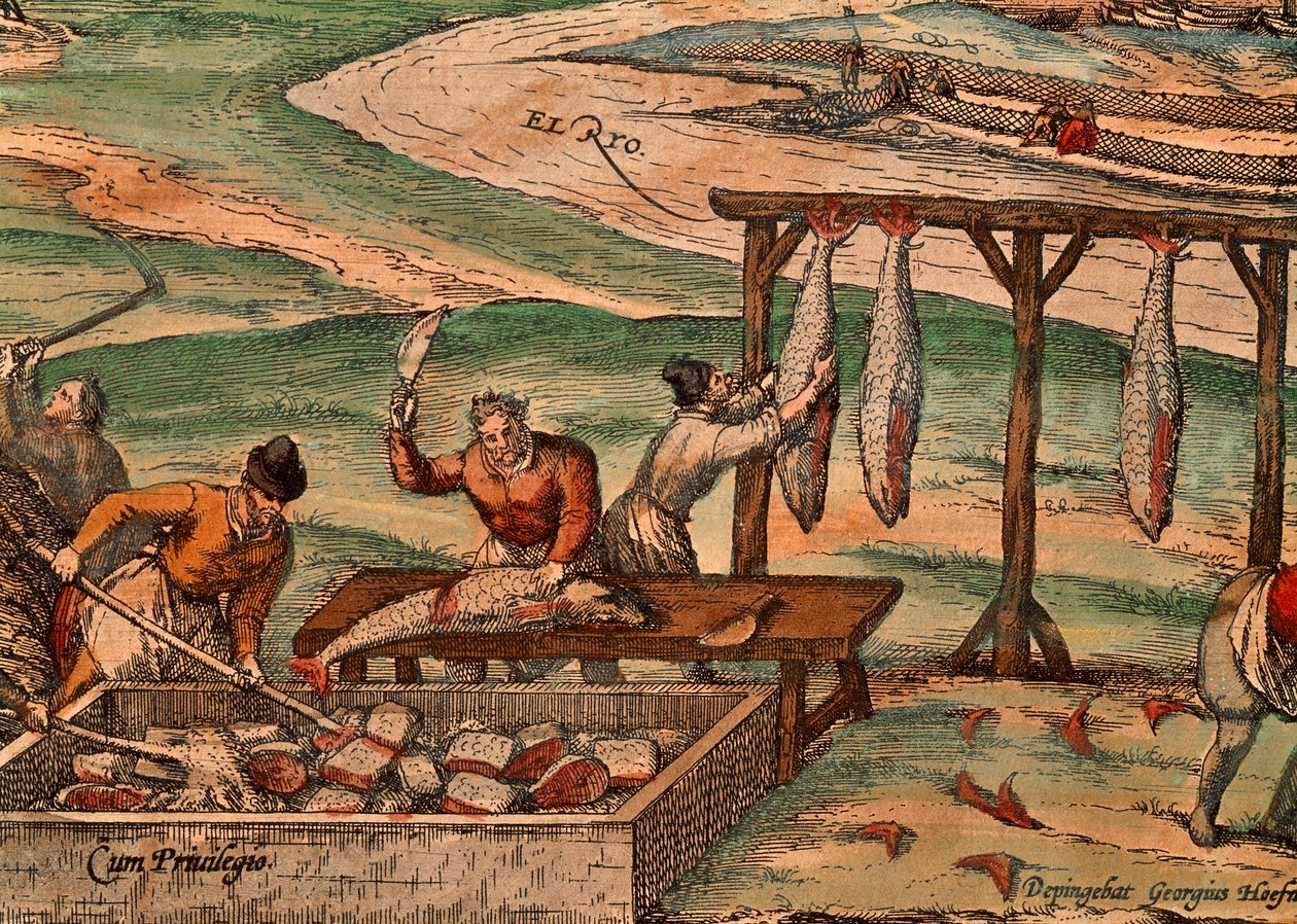 Obróbka tuńczyka Franza Hogenberga (ok. 1540-ok. 1590), scena ze Stanów Świata autorstwa Georga Brauna (1541-1622) i Franza Hogenberga (ok. 1540-ok. 1590) autorstwa Georg Braun and Hogenberg Franz