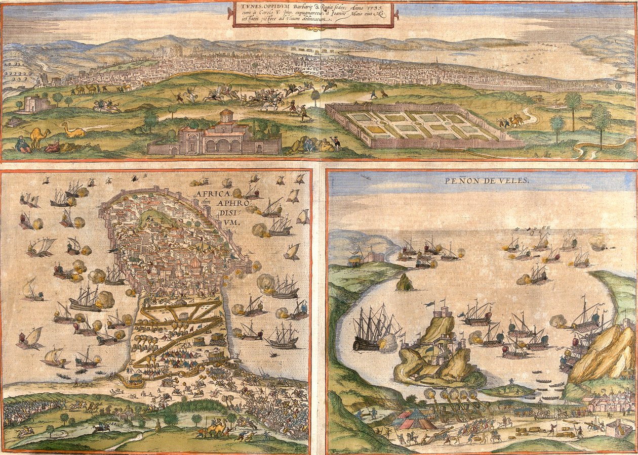 Tunis, Mahdia, Peñón de Vélez de la Gomera, Tunezja, Hiszpania, Maroko autorstwa Georg and Hogenberg Franz (1535 90) Braun