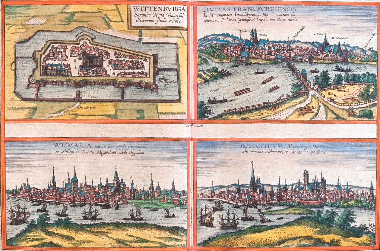 Wittenberga, Frankfurt, Wismar, Rostock, Niemcy autorstwa Georg and Hogenberg Franz (1535 90) Braun