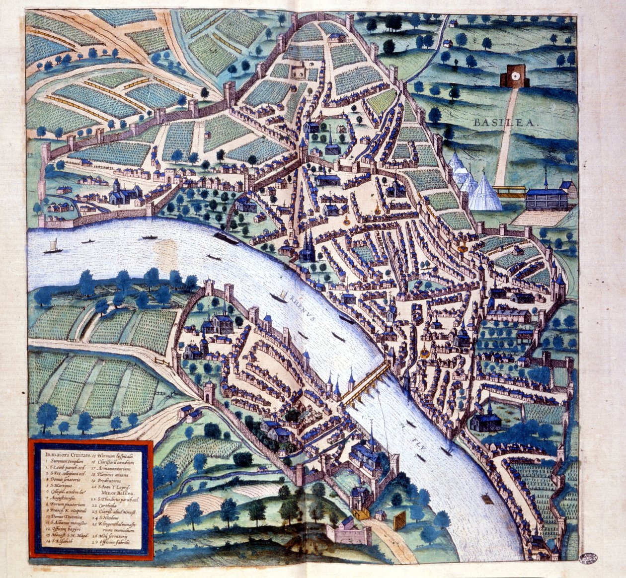 Bazylea (Szwajcaria), widok z lotu ptaka - w „Atlasie” Brauna i Hogenberga autorstwa Georg Braun and Hogenberg Franz
