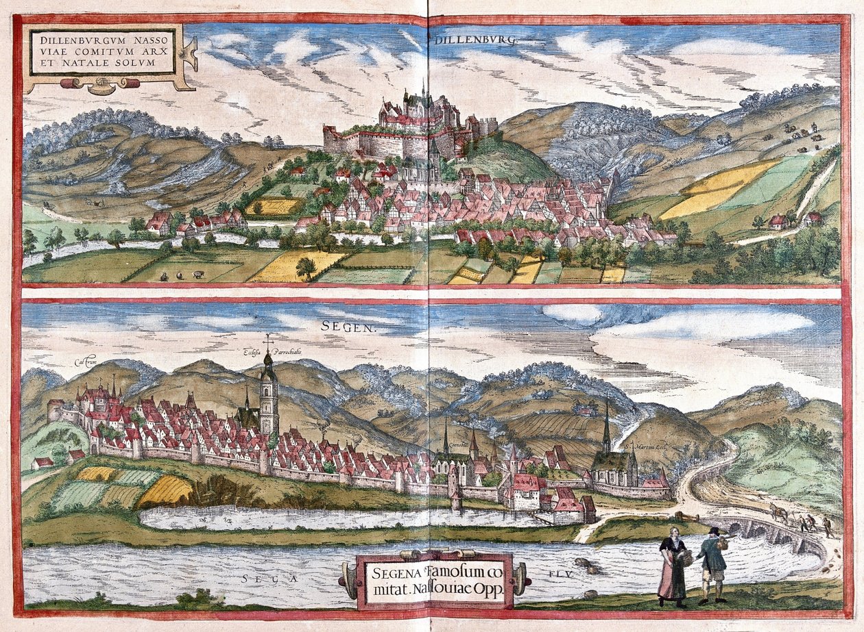 Dillenburg (Hesja) i Siegen (Rhenania Północna Westfalia), Niemcy (grafika) autorstwa Georg Braun and Hogenberg Franz