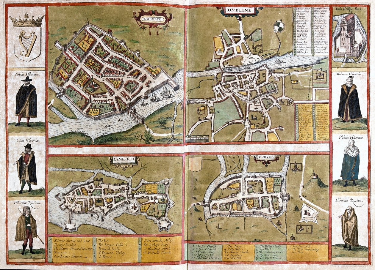 Galway, Dublin, Limerick i Cork, Irlandia (grawerowanie autorstwa Georg Braun and Hogenberg Franz