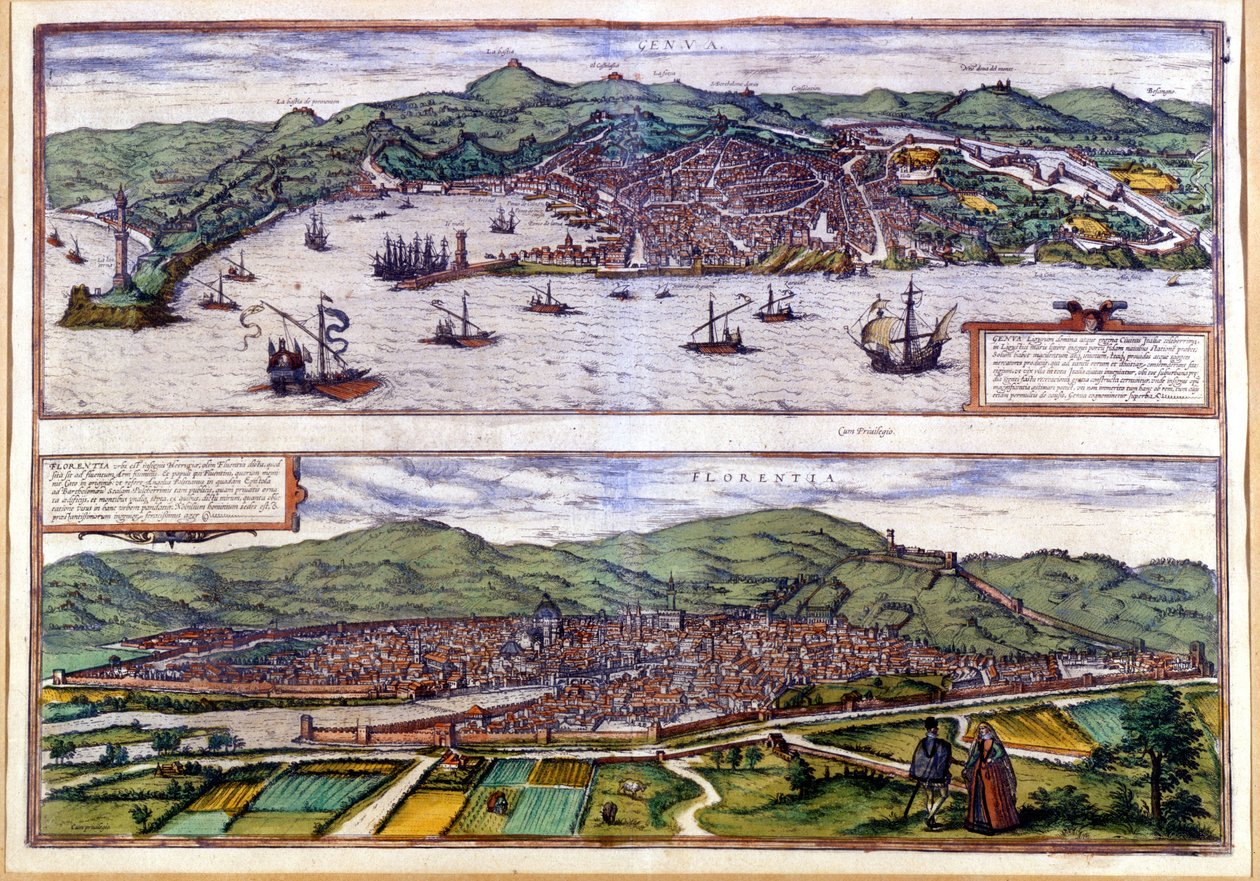 Geny (na górze) i Florencja (na dole) Widok Atlasu Brauna i Hogenberga z lotu ptaka. 1550. autorstwa Georg Braun and Hogenberg Franz