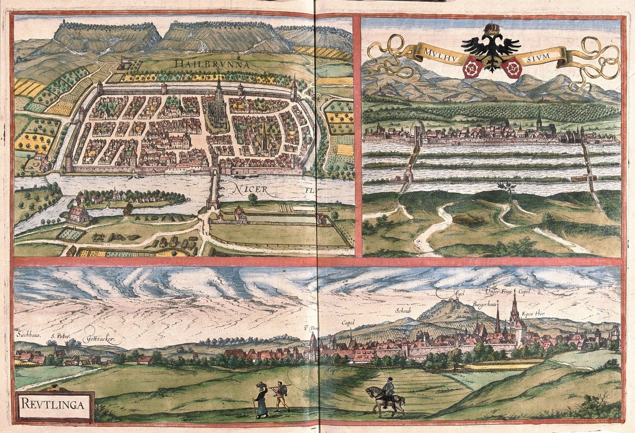 Heilbronn (Niemcy), Mulhouse (Francja) i Reutlingen (Niemcy) (grafika) autorstwa Georg Braun and Hogenberg Franz