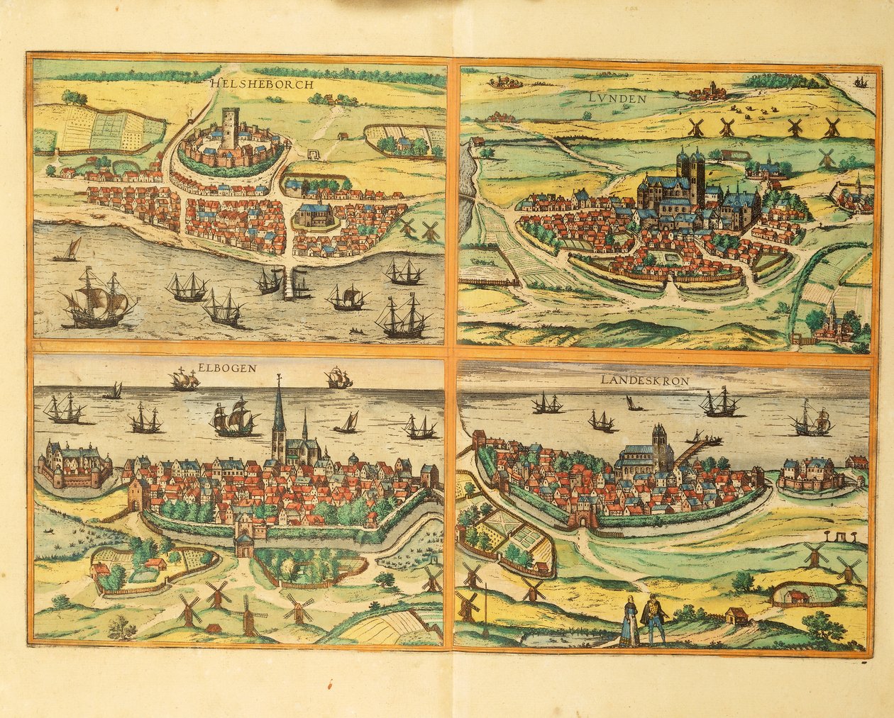 Helsingborg, Lund, Malmo, Elbogen i Landskrona, z Cities of the World, Kolonia autorstwa Georg Braun and Hogenberg Franz