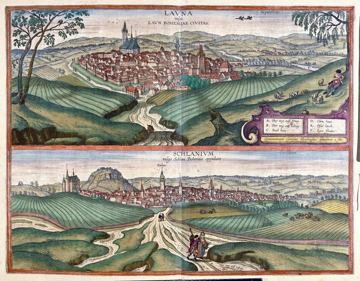 Louny et Slany (Boheme), Czechy (rycina autorstwa Georg Braun and Hogenberg Franz