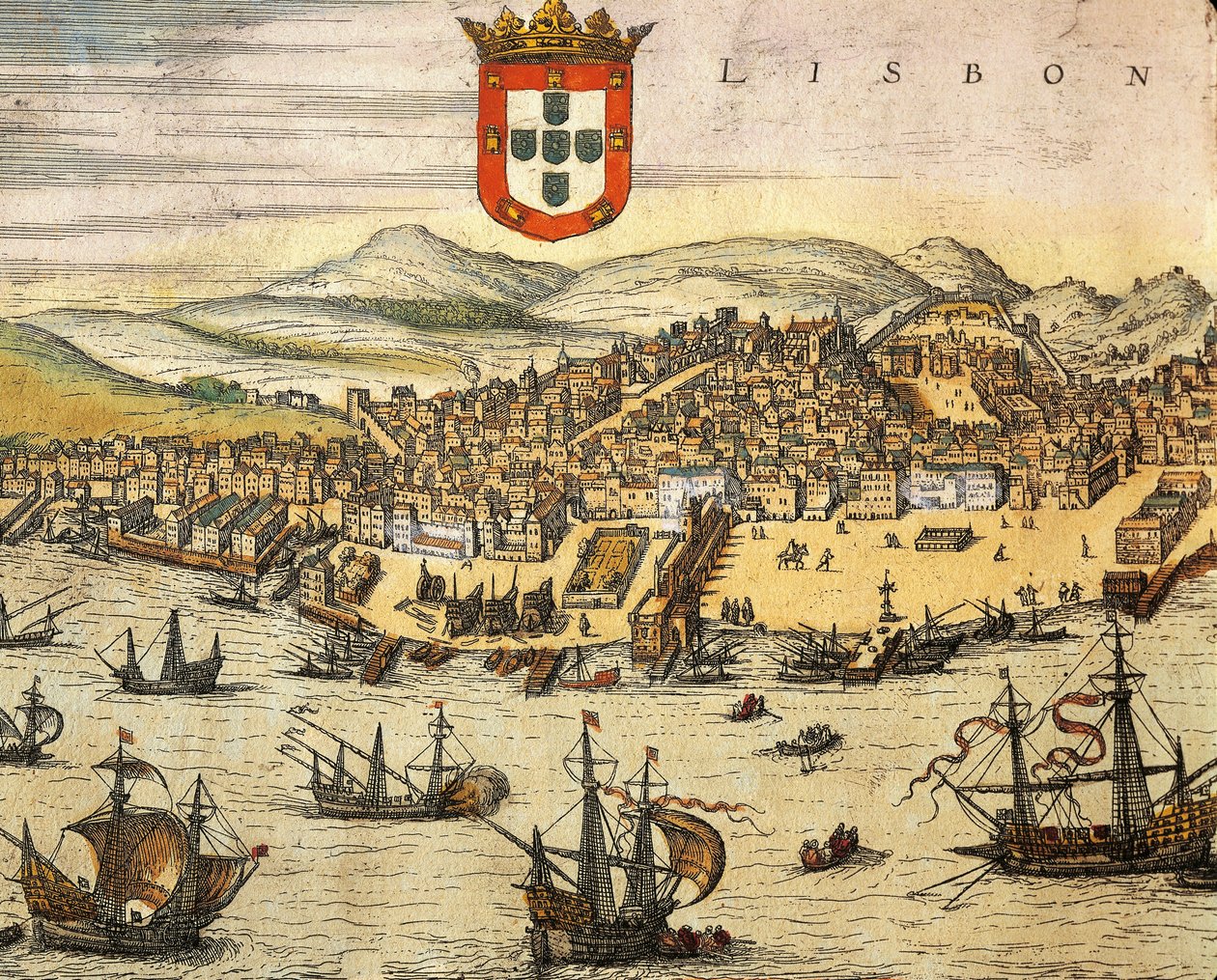 Mapa miasta Lizbony z Civitates Orbis Terrarum autorstwa Georga Brauna i Franza Hogenberga, rycina autorstwa Georg Braun and Hogenberg Franz