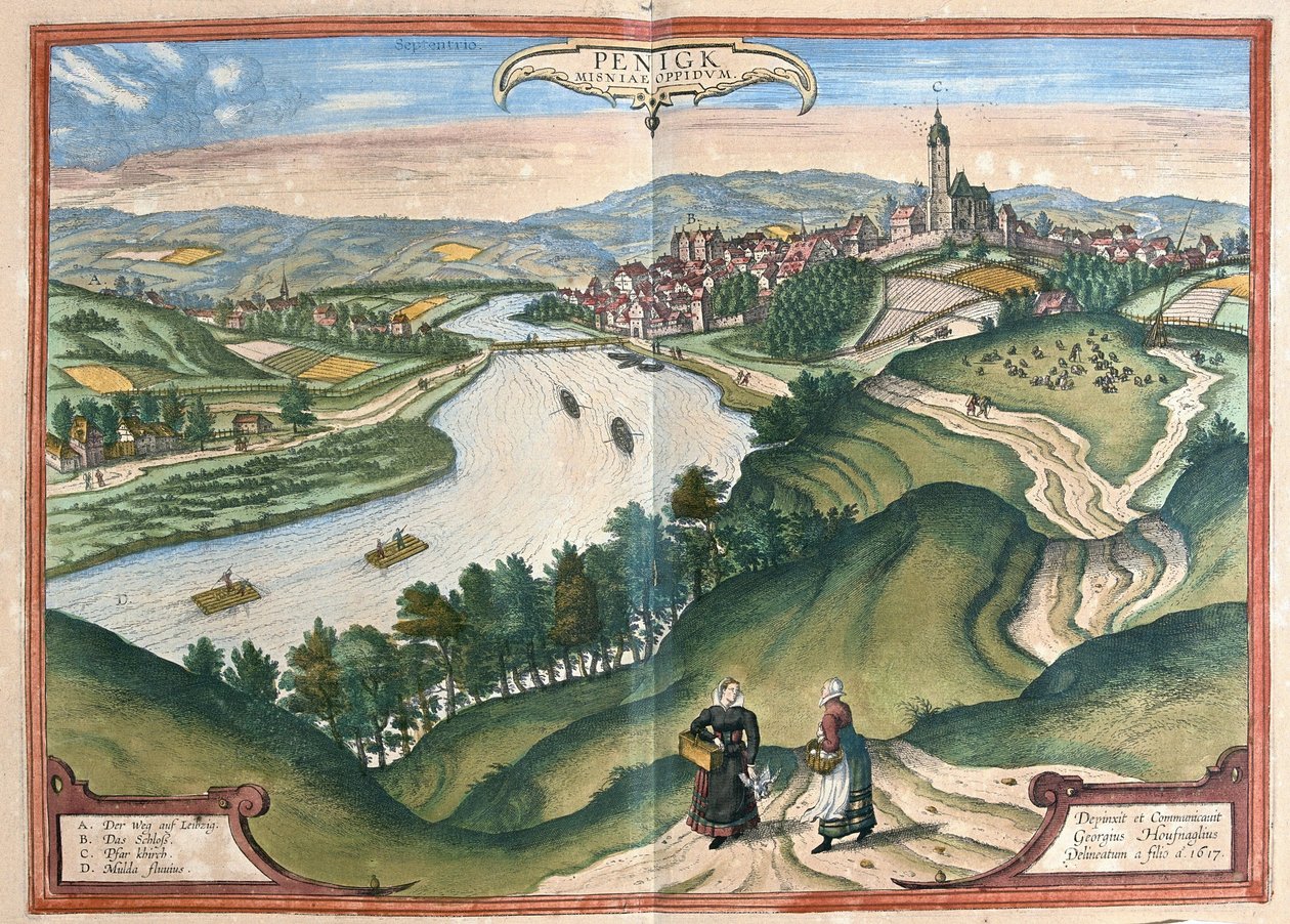 Penig, Saksonia, Niemcy (Grawerowanie autorstwa Georg Braun and Hogenberg Franz