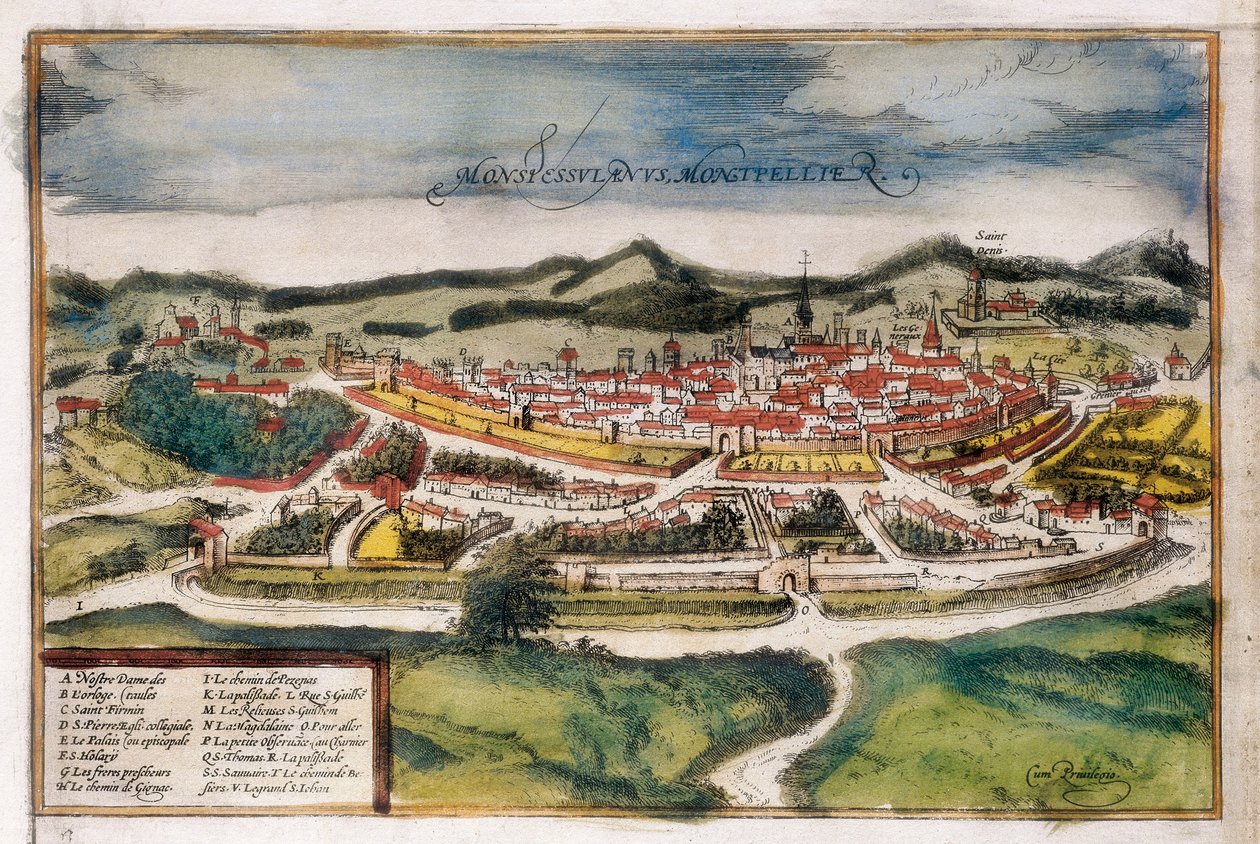 Plan miasta Montpellier autorstwa Georg Braun and Hogenberg Franz