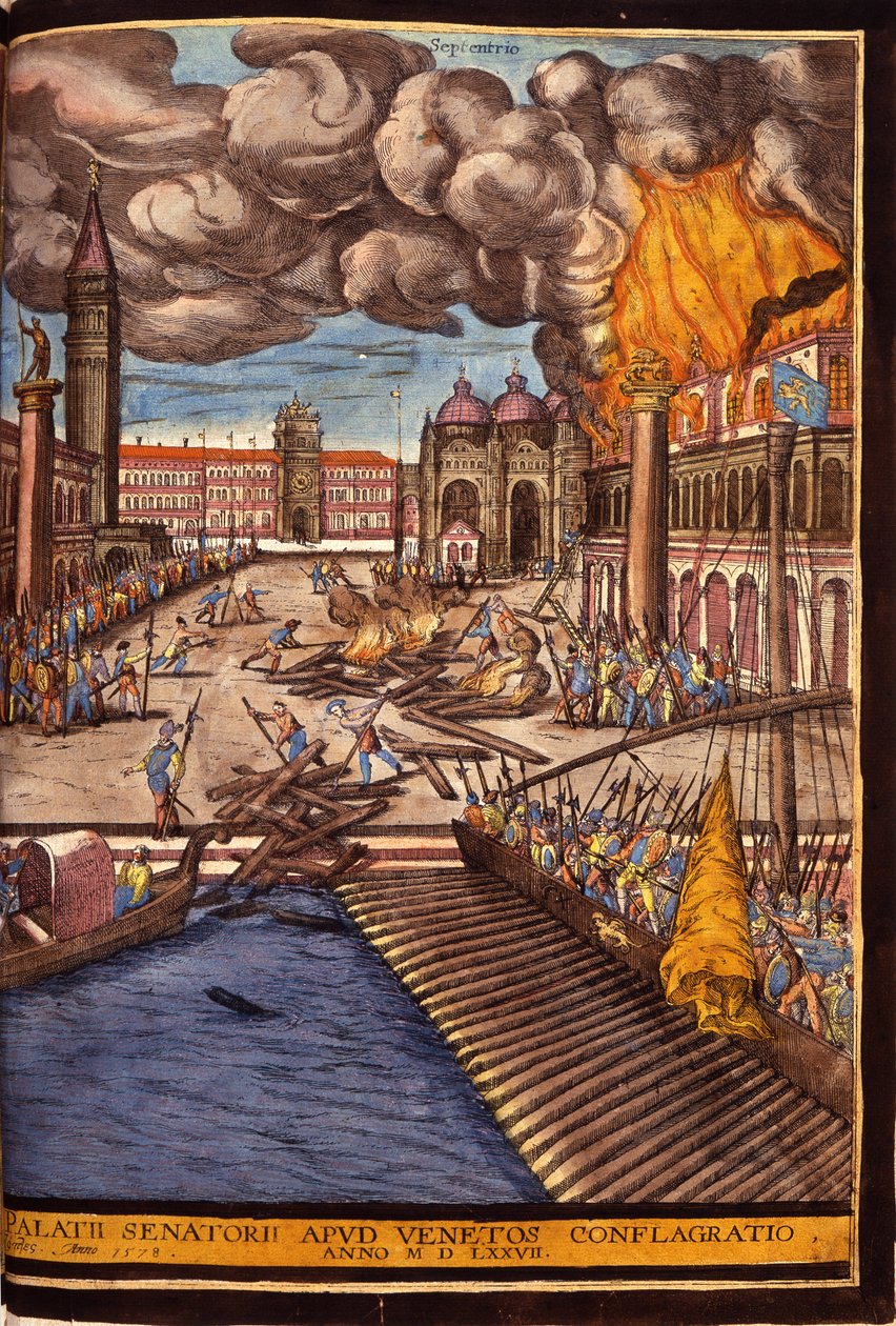 Wielki pożar Pałacu Książęcego na Placu św. Marka w Wenecji w 1577 r. Grawer George Braun w „” Civitatis Orbis Terrarum”” Tom I napisany przez Franza Hogenberga (1535-1590) autorstwa Georg Braun and Hogenberg Franz