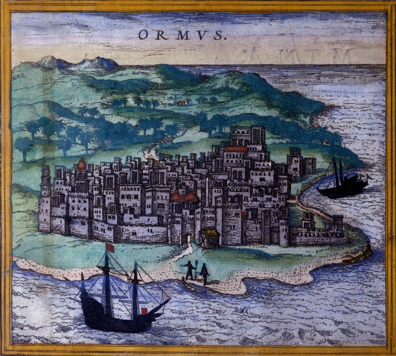 Irańska wyspa Ormuz lub Ormuz na drodze do Indii po Atlasie „Civitates Orbis Terrarum” Braun i Hogenberg autorstwa Georg Braun and Hogenberg Franz
