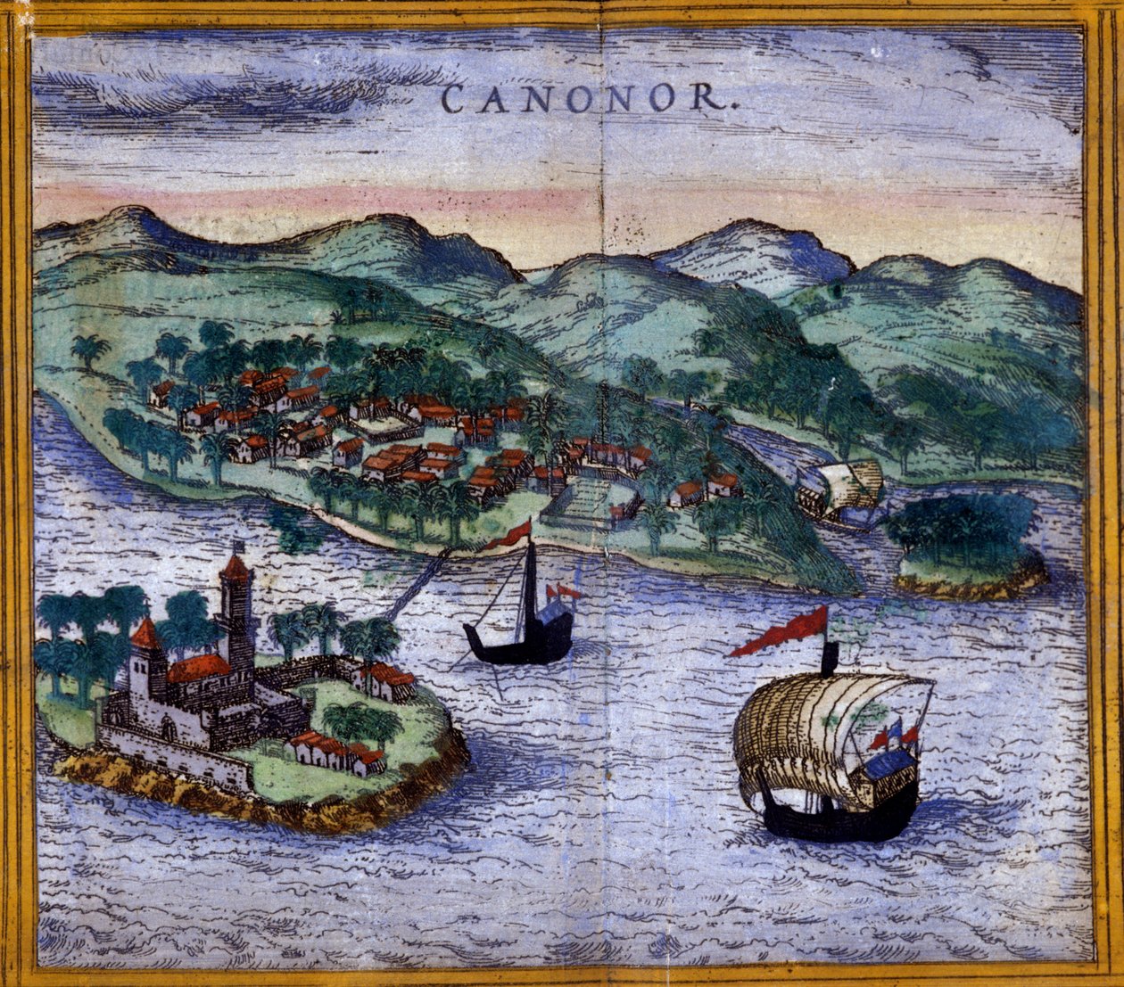 Widok Canonor (lub Cannanore) w Indiach z wydania „Civitates Orbis Terrarum” Brauna i Hogenberga autorstwa Georg Braun and Hogenberg Franz