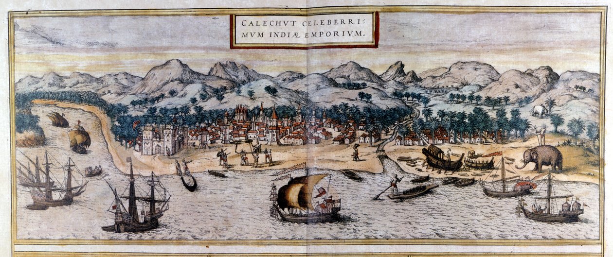 Widok Kozhikode lub Calicut w Indiach z Atlasu „Civitates Orbis Terrarum” autorstwa Braun & Hogenberg autorstwa Georg Braun and Hogenberg Franz