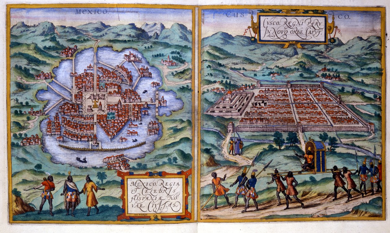 Widok na miasto Meksyk (Meksyk) i Cuzco (Peru). Atlas Braun i Hogenberg autorstwa Georg Braun and Hogenberg Franz
