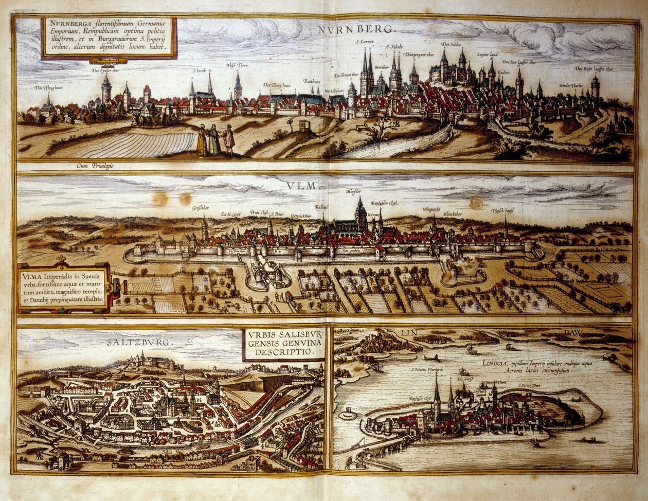 Widok na niemieckie miasta Norymberga i Ulm, Salzburg, Austria. Rycina z atlasu "Brauna i Hogenberga" 1572 r. autorstwa Georg Braun and Hogenberg Franz