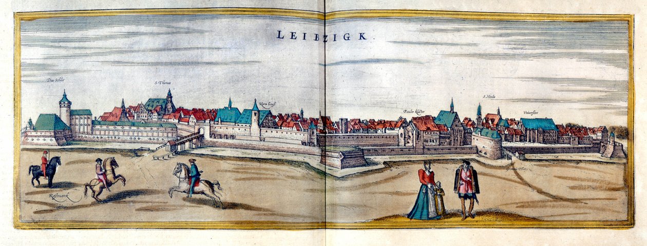 Widok na miasto Lipsk w Niemczech. Rycina z Atlasu „Braun i Hogenberg” z początku XVII wieku autorstwa Georg Braun and Hogenberg Franz