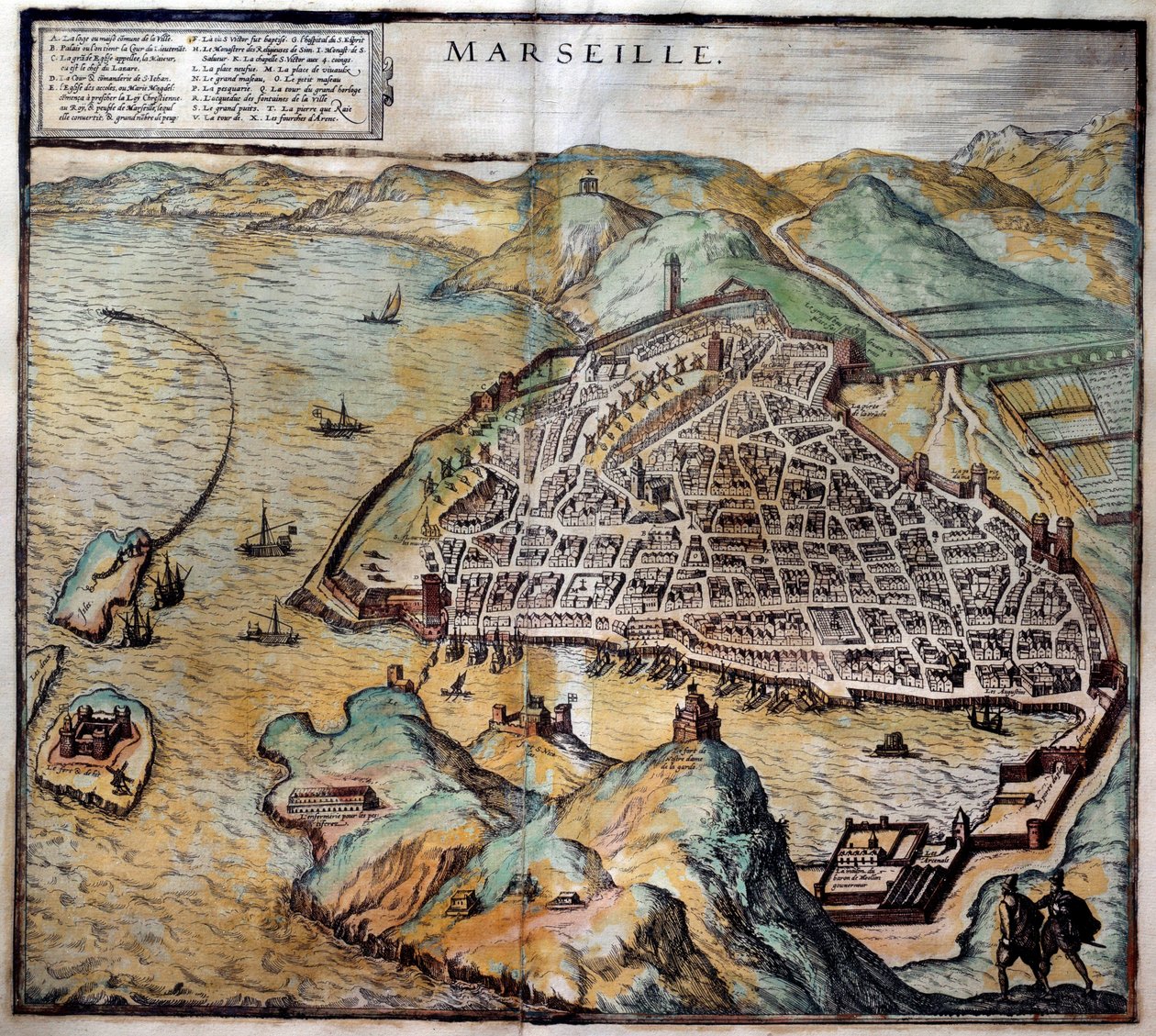 Widok miasta Marsylia z mapą ulic. Grawerowanie z Atlas de Braun i Hogenberg 1572 Marsylia, Musee de la Marine autorstwa Georg Braun and Hogenberg Franz