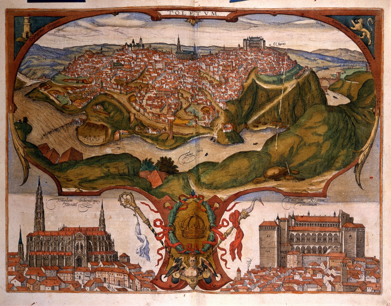 Widok miasta Toledo w XVI wieku. Grawerowanie George Braun w „” Civitatis Orbis Terrarum”” Tom I napisany przez Franza Hogenberga (1535-1590) autorstwa Georg Braun and Hogenberg Franz