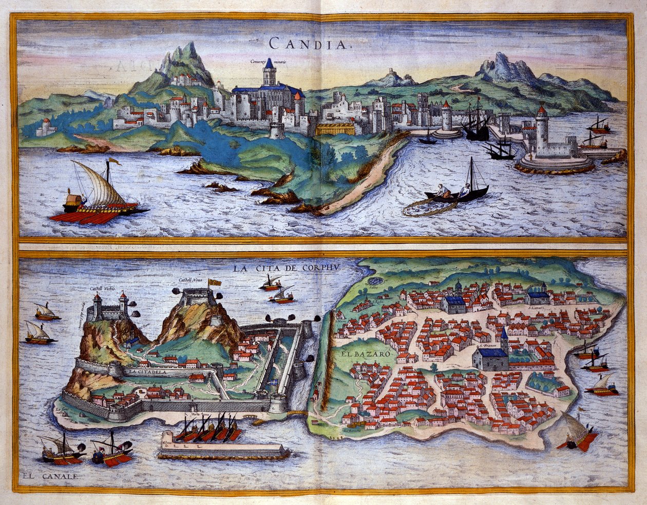 Widok na port Candie (dzisiejszy Heraklion) na Krecie i port Korfu w Grecji Grawer George Braun W „” Civitatis Orbis Terrarum”” Tom I napisany przez Franza Hogenberga (1535-1590) autorstwa Georg Braun and Hogenberg Franz