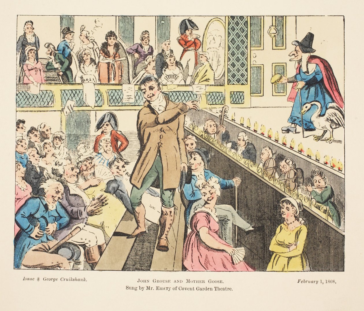 John Grouse and Mother Goose, Sung by Mr Emery of Covent Garden, pub. 1808 (rycina ręcznie kolorowana) autorstwa Isaac, Robert and George Cruikshank