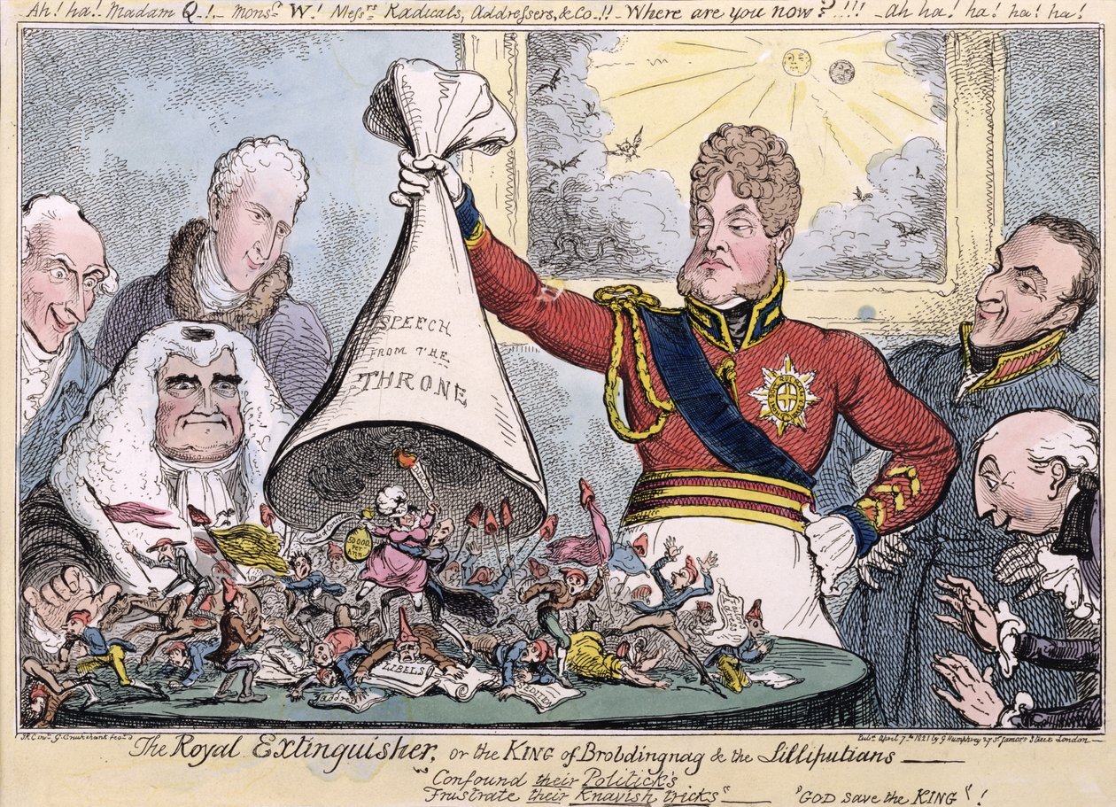 Królewska gaśnica albo król Brobdingnag i lilipuci, 1821 autorstwa Isaac, Robert and George Cruikshank