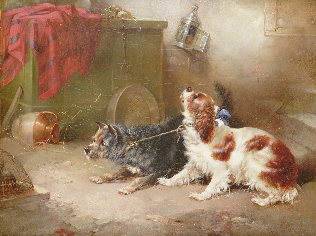 Terrier i King Charles Spaniel straszą szczura autorstwa George Armfield