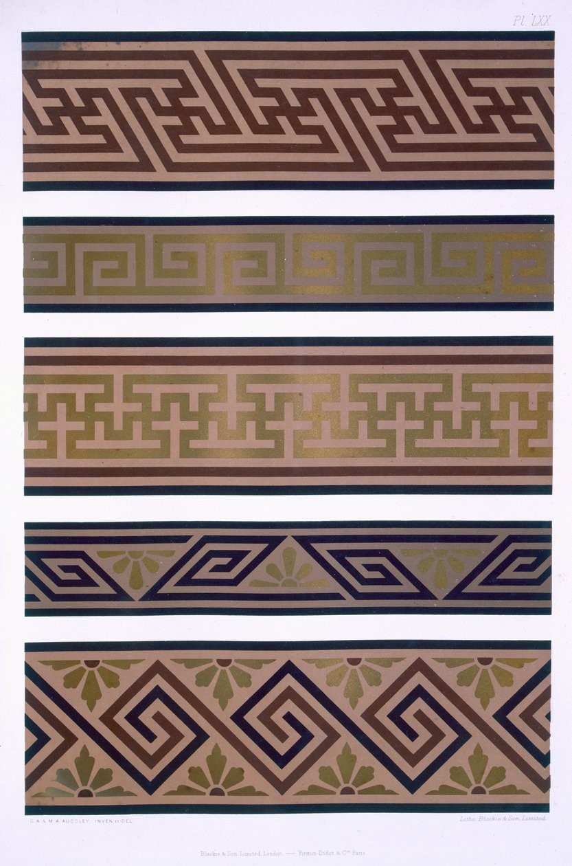 Ornament japoński: złote obramowania lub bordiury na ciemnych podkładach, płyta LXX z „Praktycznego dekoratora i ornamentalisty”, wydana w 1892 r. autorstwa George Ashdown Audsley