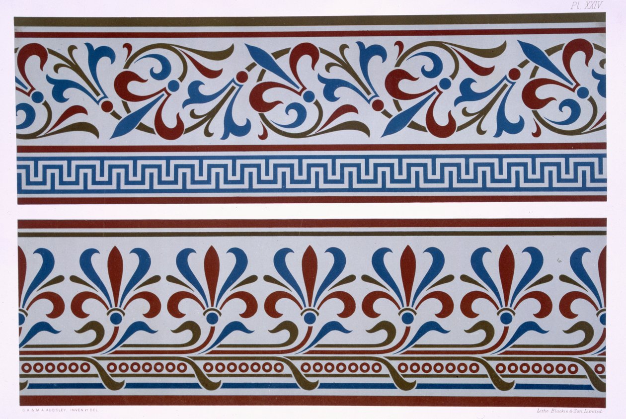 Ornament neogrecki: wzory bordiurowe i dado, tabliczka XXIV z „Praktycznego dekoratora i ornamentalisty”, wydana w 1892 r. 99:wzór; wzorzyste; dekoracyjny; dekoracja; projekt; architekt autorstwa George Ashdown Audsley