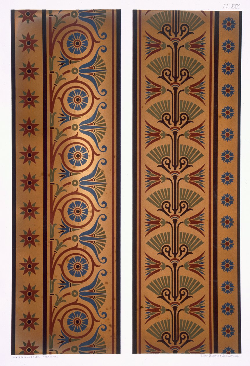 Pionowe pasy lub bordery w ciemnych kolorach na złotym tle, tablica XXX z "The Practical Decorator and Ornamentalist", wyd. 1892 r. autorstwa George Ashdown Audsley
