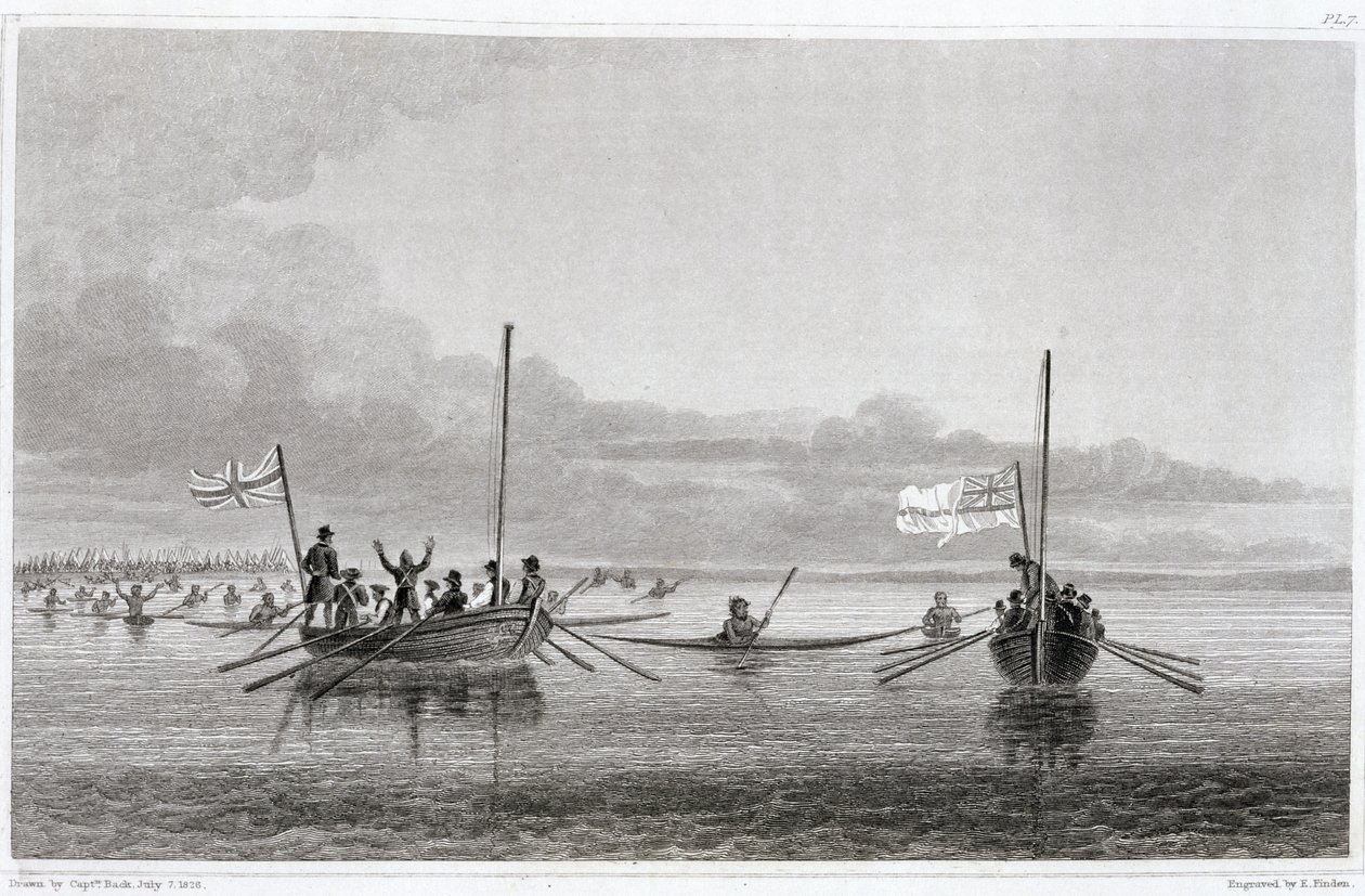 Eskimaux przybywający w kierunku łodzi w Shoalwater Bay, 7 lipca 1826, z „Narracji o drugiej wyprawie do brzegów Morza Polarnego w latach 1825-27” autorstwa sir Johna Franklina (1786-1847) grawerowane autorstwa George Back