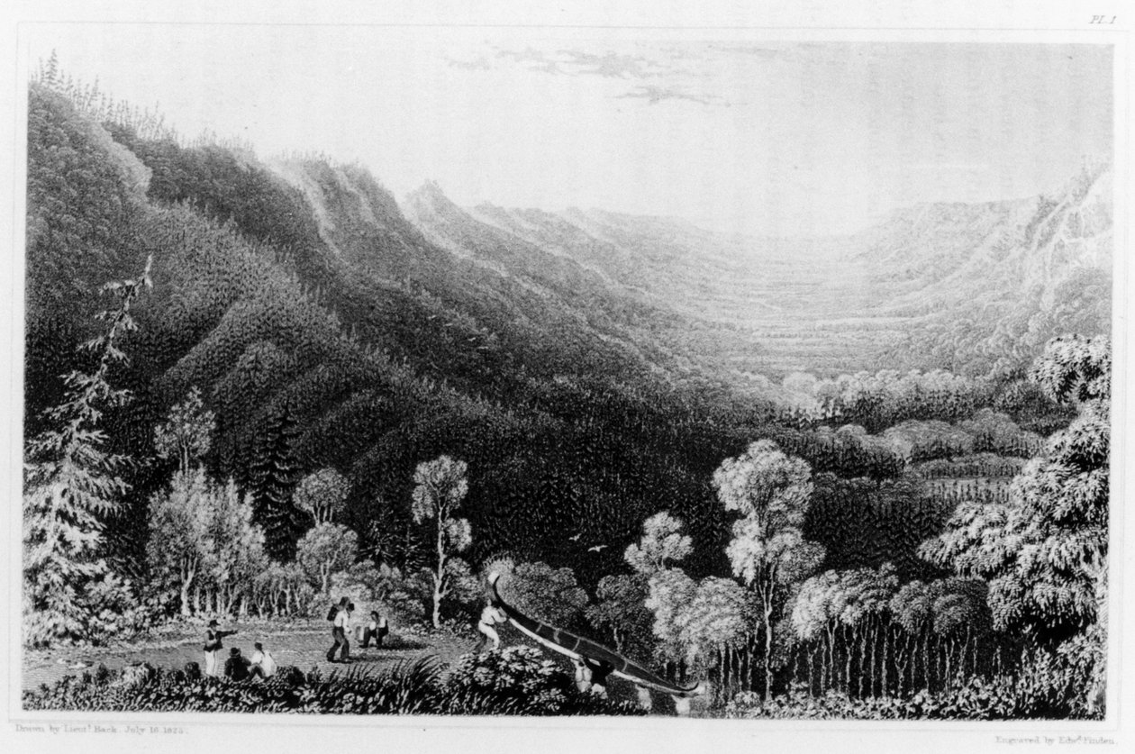 Widok z przystani na rzece Clearwater, Kanada, z "Narrative of a Second Expedition to the Shore of the Polar Sea", wyryty przez Edwarda Findena, wydany w 1828 r. autorstwa George Back