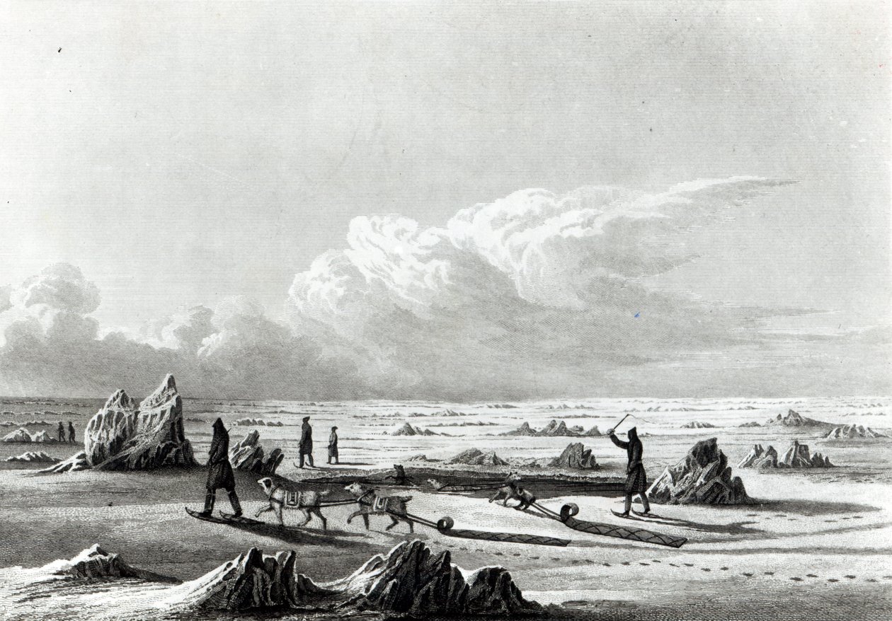 Zimowe podróże po Wielkim Jeziorze Niewolniczym, z „Podróży do Morza Polarnego”, wyryte przez Edwarda Findena (1791-1857) autorstwa George Back