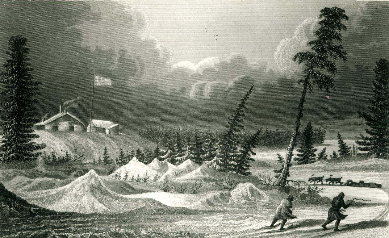 Franklino forto žiemos vaizdas, išgraviruotas Edwardo Franciso Findeno (1791-1857) 1828 m. gegužės mėn. autorstwa George Back