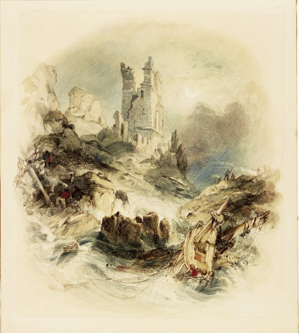 Wrak statku przy zamku Dunstanburgh (akwarela i wydrapywanie) autorstwa George Balmer