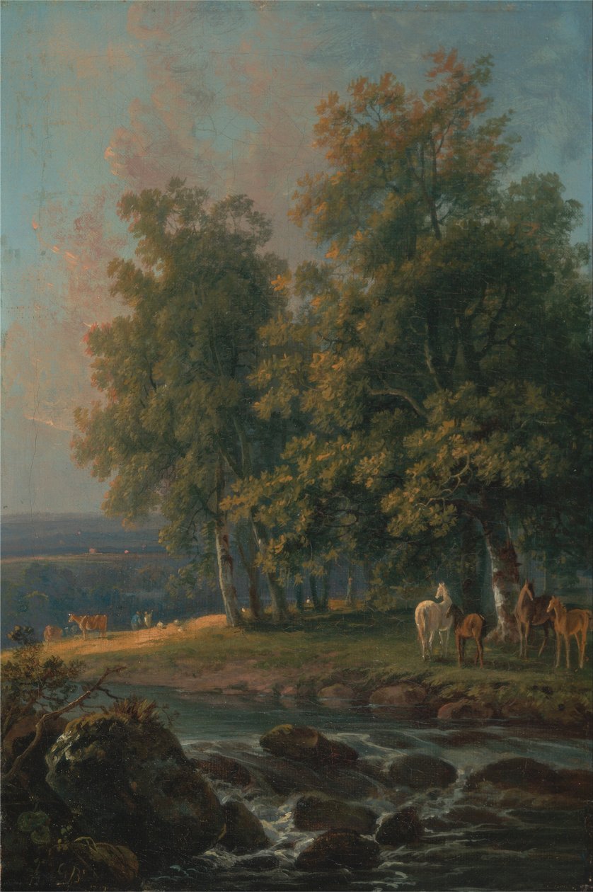 Konie i bydło nad rzeką autorstwa George Barret