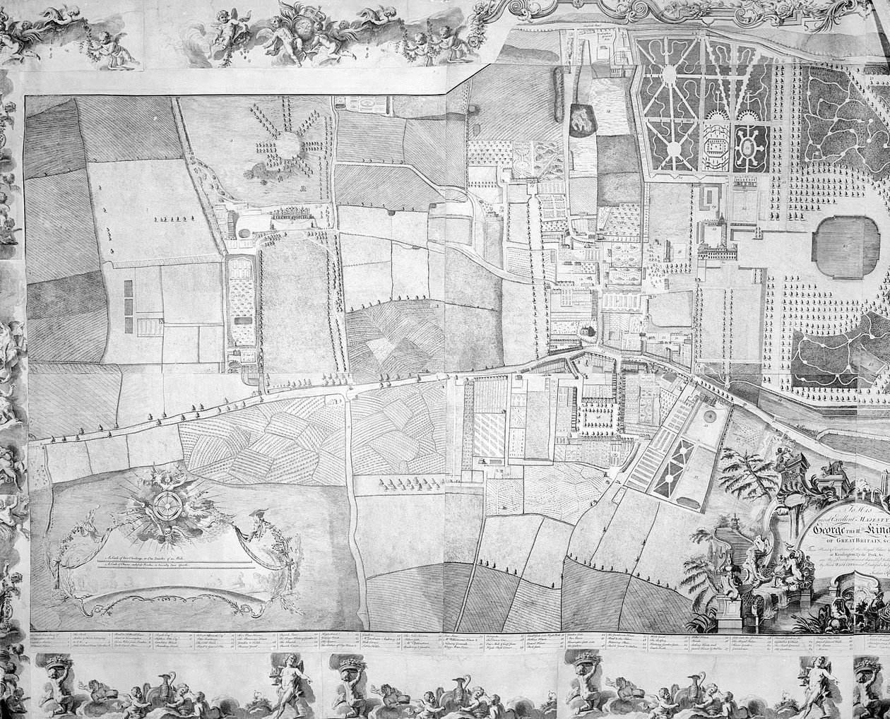 Szczegół (lewa strona) planu Pałacu Kensington autorstwa Joshuy Rhodesa, 1764 autorstwa George Bickham