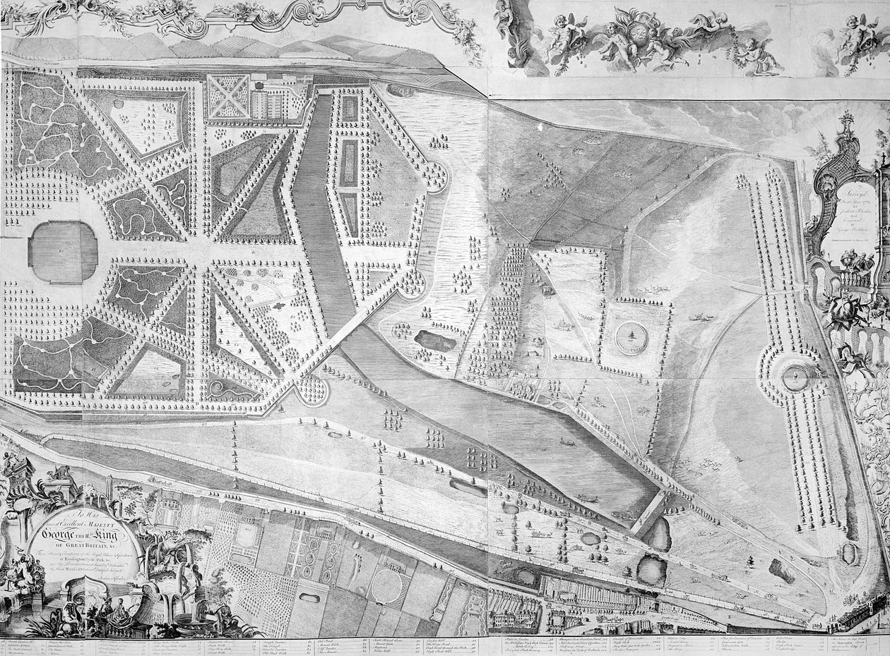 Szczegół (prawa strona) planu Pałacu Kensington autorstwa Joshuy Rhodesa, 1764 autorstwa George Bickham