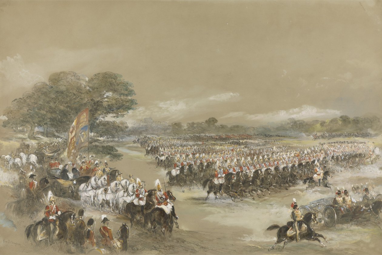 Królewska recenzja w Windsor, królowa Wiktoria i Khedive Ismail Pasze z Egiptu, 26 czerwca 1868 (wc, gwasz i czarna kreda) autorstwa George Bryant Campion
