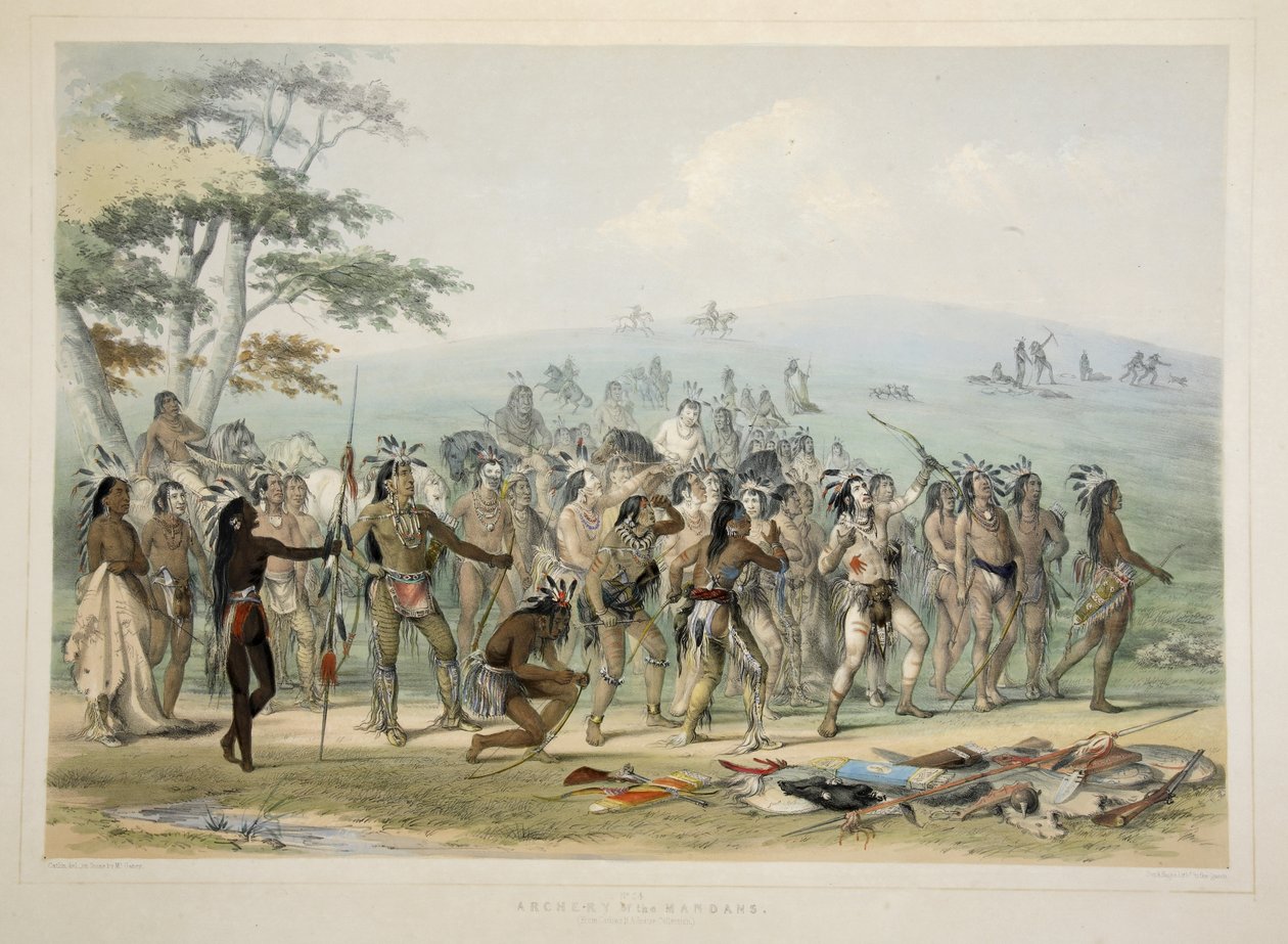 Archery of the Mandans, z Catlins North American Indian Portfolio. Sceny myśliwskie i rozrywki Gór Skalistych i Prerii Ameryki, wyd. 1845 autorstwa George Catlin