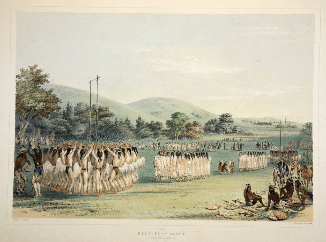 Ball-Player Dance, z portfolio Catlins North American Indian. Sceny myśliwskie i rozrywki Gór Skalistych i Prerii Ameryki, wyd. 1845 autorstwa George Catlin
