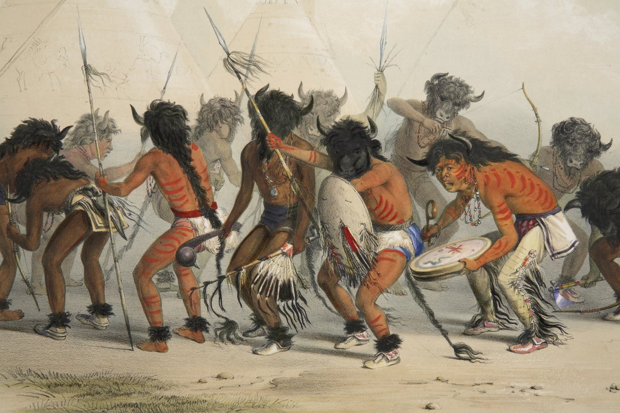 Taniec Buffalo (szczegół), z portfolio Catlins North American Indian. Sceny myśliwskie i rozrywki Gór Skalistych i Prerii Ameryki, wyd. 1845 autorstwa George Catlin