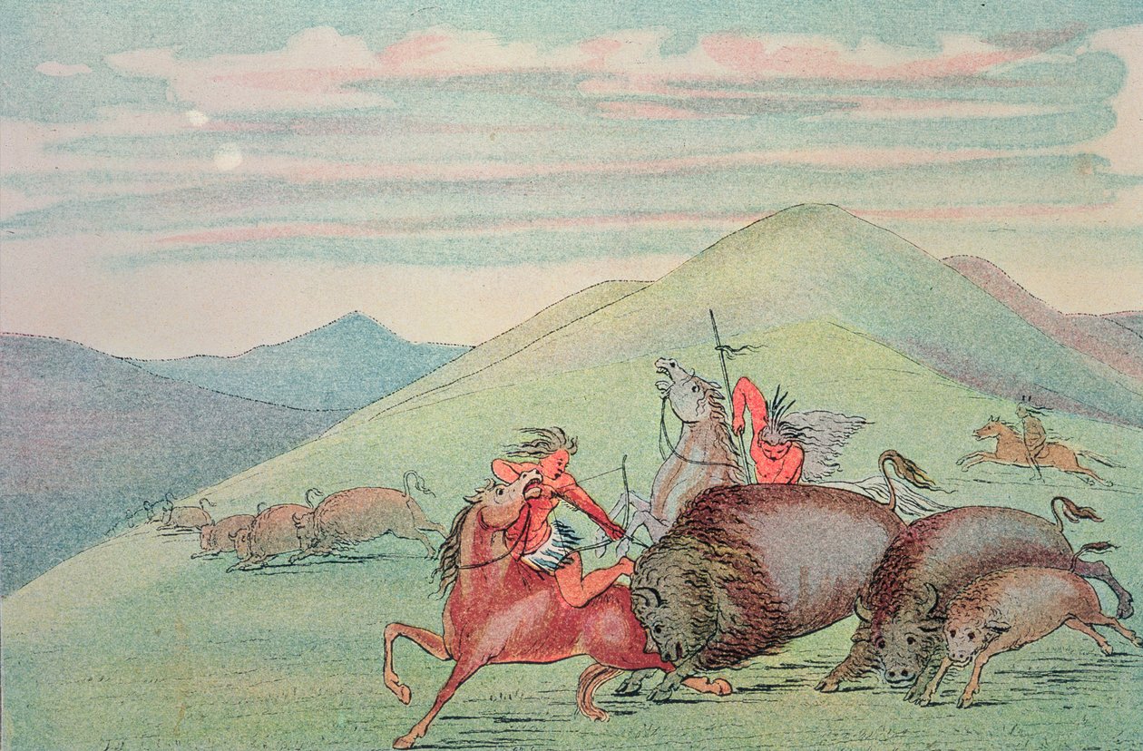 Byk Buffalo chroniący cielę i matkę przed atakiem autorstwa George Catlin