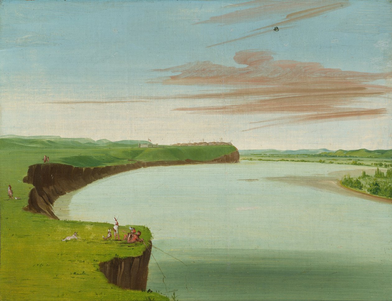 Odległy widok na wioskę Mandan autorstwa George Catlin