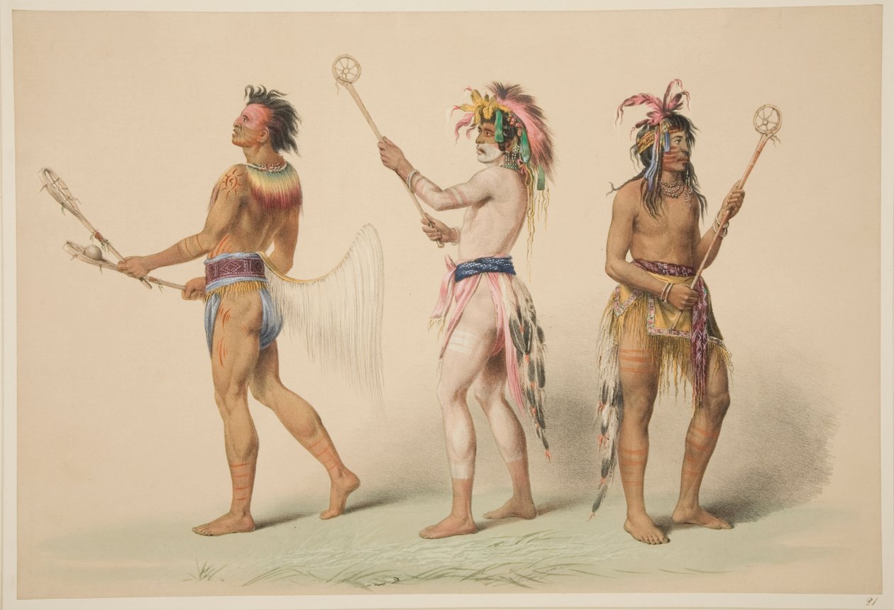 Ilustracja przedstawiająca graczy w lacrosse, z ilustracji Manners, Customs and Conditions of the North American Indians, Londyn, 1845 r. (rycina ręcznie kolorowana) autorstwa George Catlin