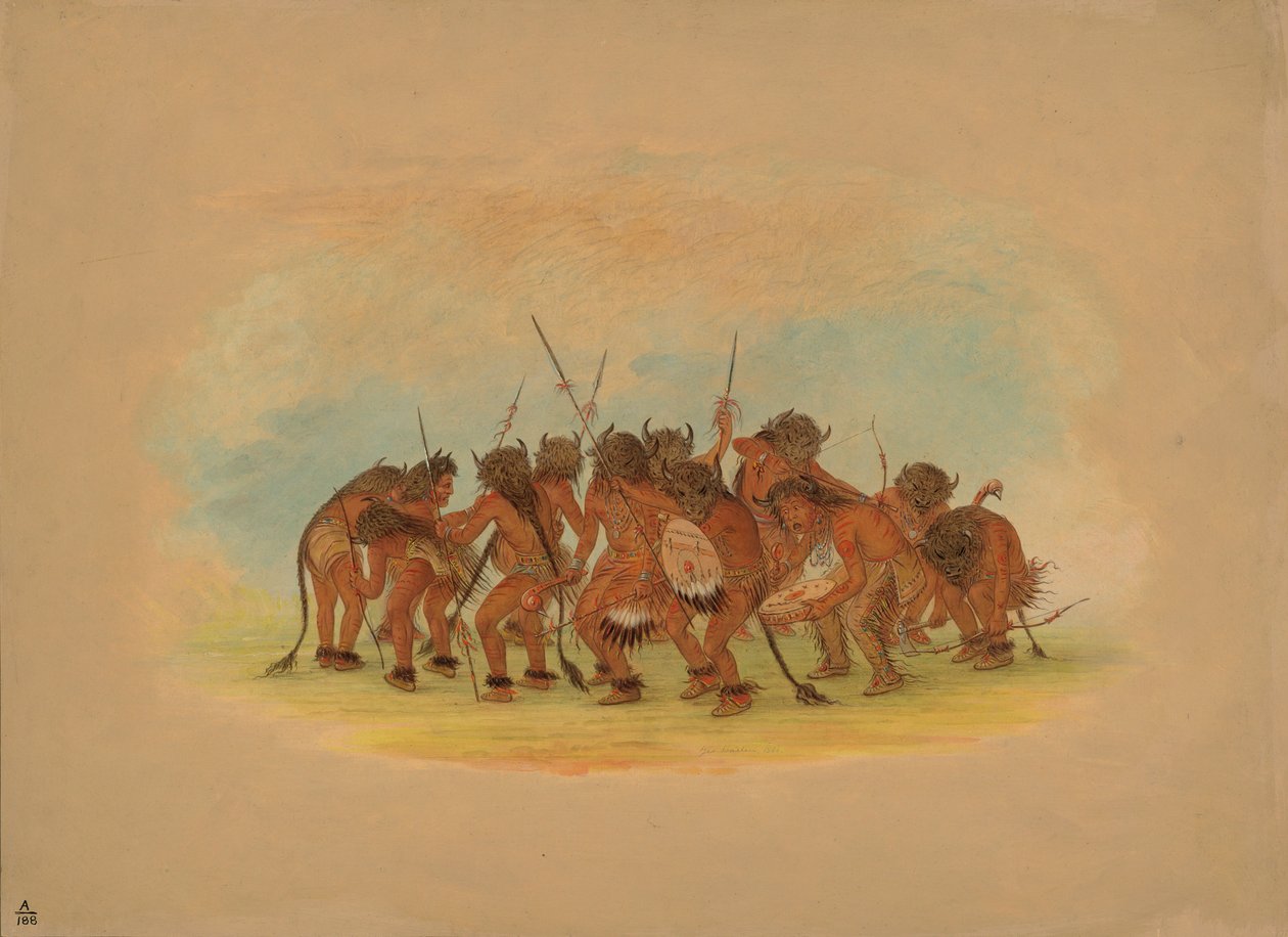Mandan Buffalo Dance, 1861 (olej na kartonie zamontowany na tekturze) autorstwa George Catlin