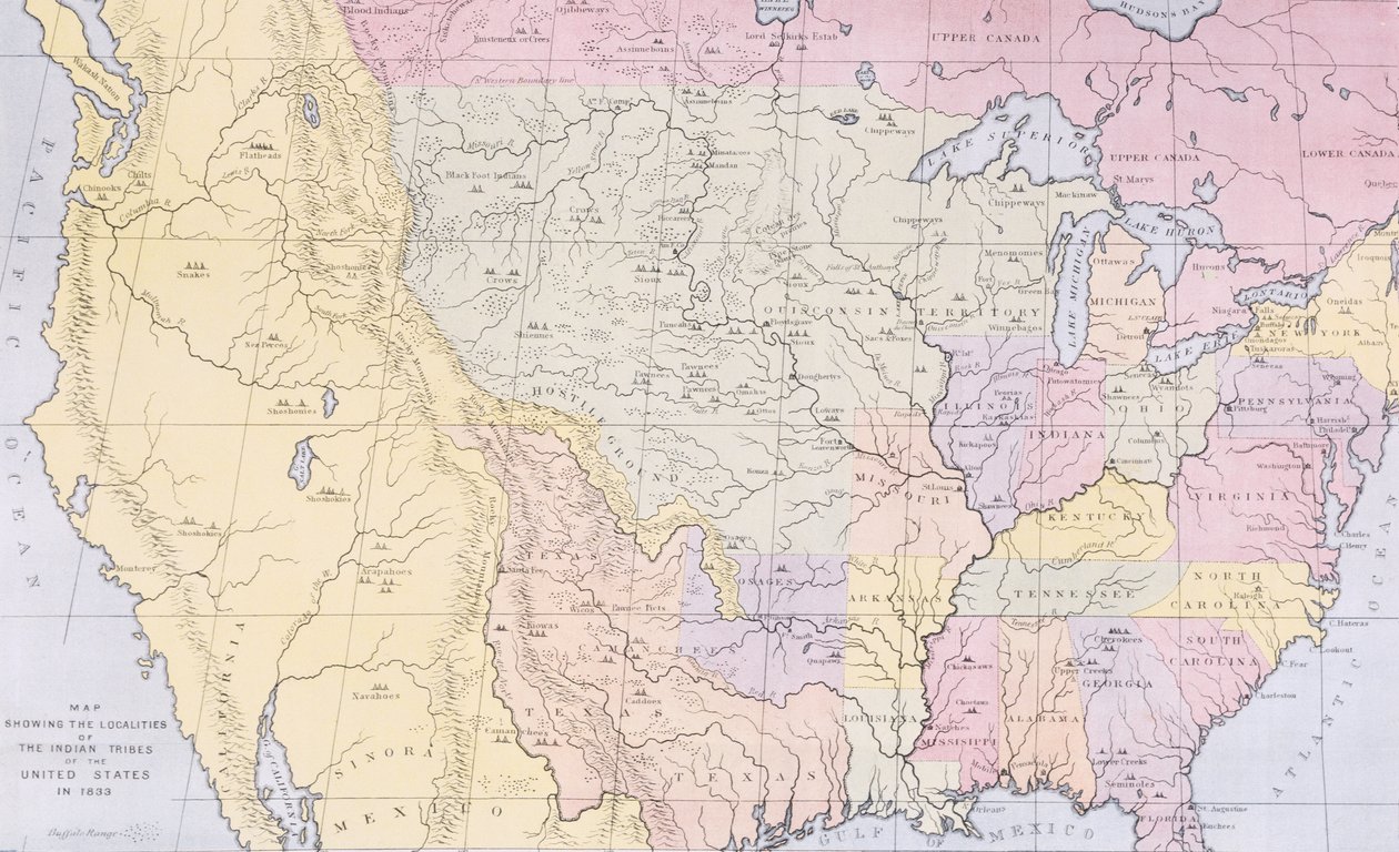 Mapa przedstawiająca lokalizacje plemion indiańskich w USA w 1833 r., ilustracja z „The Indian Tribes of North America, Vol.3”, Thomasa L. McKenneya i Jamesa Halla, wyd. autorstwa Johna Granta (kolor litho autorstwa George Catlin