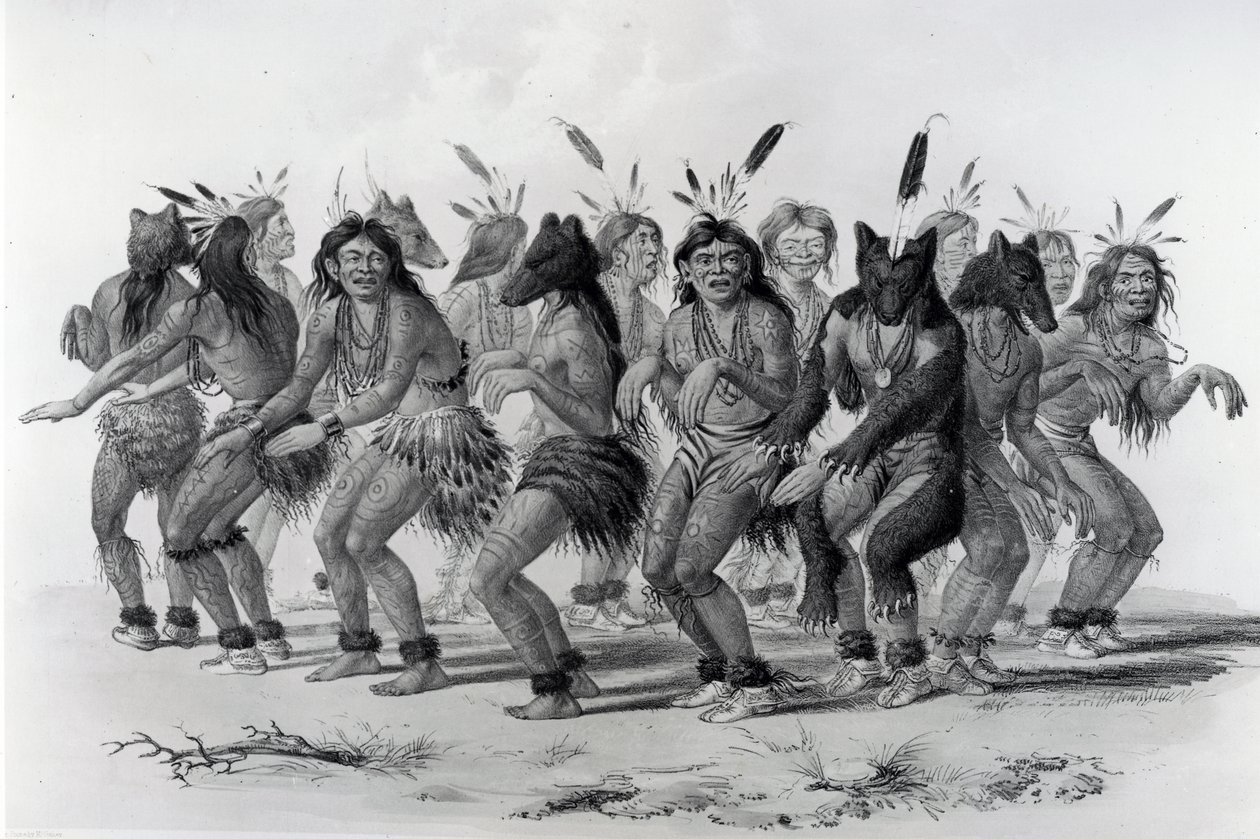 Native American Bear Dance, grawerowane przez Johna McGahey autorstwa George Catlin